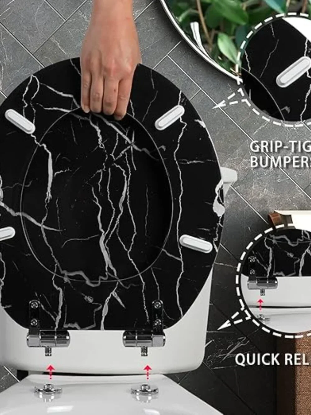 Angel Shield Black Marble Round Toilet Seat Quiet Close Quick Release Easy Clean